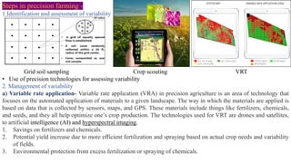 Steps in precision farming -
1.Identification and assessment of variability
Grid soil sampling Crop scouting VRT
• Use of precision technologies for assessing variability
2. Management of variability
a) Variable rate application- Variable rate application (VRA) in precision agriculture is an area of technology that
focuses on the automated application of materials to a given landscape. The way in which the materials are applied is
based on data that is collected by sensors, maps, and GPS. These materials include things like fertilizers, chemicals,
and seeds, and they all help optimize one’s crop production. The technologies used for VRT are drones and satellites,
to artificial intelligence (AI) and hyperspectral imaging.
1. Savings on fertilizers and chemicals.
2. Potential yield increase due to more efficient fertilization and spraying based on actual crop needs and variability
of fields.
3. Environmental protection from excess fertilization or spraying of chemicals.
 