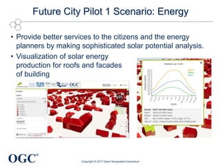 OGC
®
Future City Pilot 1 Scenario: Energy
• Provide better services to the citizens and the energy
planners by making sophisticated solar potential analysis.
• Visualization of solar energy
production for roofs and facades
of building
Copyright © 2017 Open Geospatial Consortium
color ram ps. For com paring the solar irradiation values, figure 11 shows the values from the m onth
February and figure 12 shows the values from the m onth August. Figure 13 illustrates all the values
of the solar potential results encoded in a single tim eseries graph. Such tim eseries graphs can be
retrieved and be used for further sim ulations with the help of the dynam izers. Figure 14 shows the
point clou ds in different colors which were generated from the sam pling points for each building
surface for the sim ulation.
Figure 11. Screenshot 1: Solar irradiation values for the m onth February
Figure 13. Screenshot 3: All the values of solar potential results encoded in a single tim eseries graph
 
