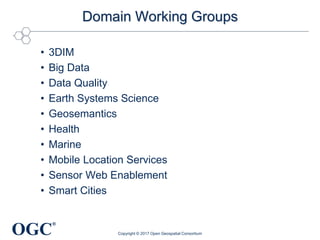 OGC
®
Domain Working Groups
• 3DIM
• Big Data
• Data Quality
• Earth Systems Science
• Geosemantics
• Health
• Marine
• Mobile Location Services
• Sensor Web Enablement
• Smart Cities
Copyright © 2017 Open Geospatial Consortium
 
