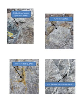 Oxidación de la roca
(presencia de Fe)
Punto topográfico
Presencia de LIQUENES
Impregnación de cuarzo en la roca
 