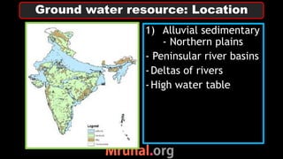1) Alluvial sedimentary
- Northern plains
- Peninsular river basins
-Deltas of rivers
-High water table
Ground water resource: Location
 