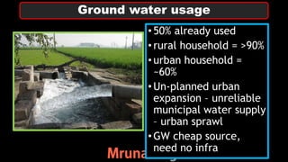 •50% already used
•rural household = >90%
•urban household =
~60%
•Un-planned urban
expansion – unreliable
municipal water supply
– urban sprawl
•GW cheap source,
need no infra
Ground water usage
 