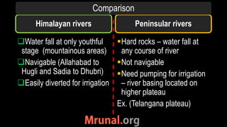 Himalayan rivers
Water fall at only youthful
stage (mountainous areas)
Navigable (Allahabad to
Hugli and Sadia to Dhubri)
Easily diverted for irrigation
Hard rocks – water fall at
any course of river
Not navigable
Need pumping for irrigation
– river basing located on
higher plateau
Ex. (Telangana plateau)
Peninsular rivers
Comparison
 
