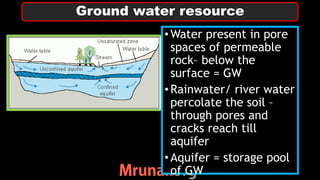 Ground water resource
•Water present in pore
spaces of permeable
rock– below the
surface = GW
•Rainwater/ river water
percolate the soil –
through pores and
cracks reach till
aquifer
•Aquifer = storage pool
of GW
 