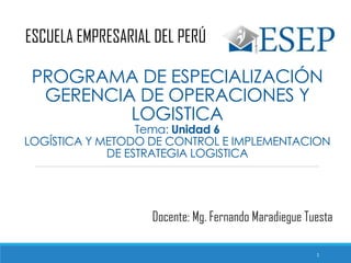 PROGRAMA DE ESPECIALIZACIÓN
GERENCIA DE OPERACIONES Y
LOGISTICA
Tema: Unidad 6
LOGÍSTICA Y METODO DE CONTROL E IMPLEMENTACION
DE ESTRATEGIA LOGISTICA
ESCUELA EMPRESARIAL DEL PERÚ
Docente: Mg. Fernando Maradiegue Tuesta
1
 