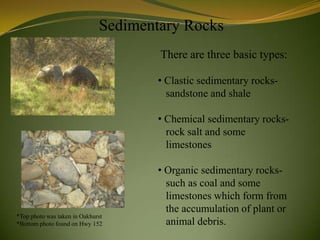 Sedimentary Rocks
                                      There are three basic types:

                                      • Clastic sedimentary rocks-
                                        sandstone and shale

                                      • Chemical sedimentary rocks-
                                        rock salt and some
                                        limestones

                                      • Organic sedimentary rocks-
                                        such as coal and some
                                        limestones which form from
                                        the accumulation of plant or
*Top photo was taken in Oakhurst
*Bottom photo found on Hwy 152          animal debris.
 