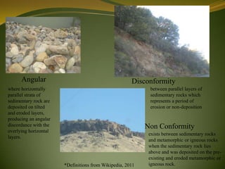 Angular                                         Disconformity
where horizontally                                          between parallel layers of
parallel strata of                                          sedimentary rocks which
sedimentary rock are                                        represents a period of
deposited on tilted                                         erosion or non-deposition
and eroded layers,
producing an angular
discordance with the                                       Non Conformity
overlying horizontal
                                                            exists between sedimentary rocks
layers.
                                                            and metamorphic or igneous rocks
                                                            when the sedimentary rock lies
                                                            above and was deposited on the pre-
                                                            existing and eroded metamorphic or
                       *Definitions from Wikipedia, 2011    igneous rock.
 