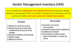 Vendor Management Inventory (VMI)
Es un modelo de colaboración de reabastecimiento de respuesta rápida,
basado en estrategias PUSH, en donde el manejo de los inventarios de los
puntos de ventas corre por cuenta del vendedor (proveedor).
Ventajas
@Mejora el uso de los recurso
@Suaviza los picos de demanda,
cambiando la frecuencia de los
pedidos.
@Equilibra la Oferta y la Demanda
@Reduce Costos
@Mejora el Servicio
Desventajas
@Inversión en la red de
comunicación.
@Compartir información confidencial
@Codificación estándar
@El pronostico se debe calcular
sobre la demanda y no sobre las
ventas
 