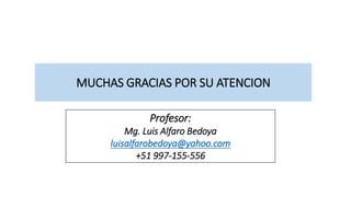 Profesor:
Mg. Luis Alfaro Bedoya
luisalfarobedoya@yahoo.com
+51 997-155-556
MUCHAS GRACIAS POR SU ATENCION
 