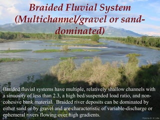 Photo by W. W. Little
Braided Fluvial System
(Multichannel/gravel or sand-
dominated)
Braided fluvial systems have multiple, relatively shallow channels with
a sinuosity of less than 2.3, a high bed/suspended load ratio, and non-
cohesive bank material. Braided river deposits can be dominated by
either sand or by gravel and are characteristic of variable-discharge or
ephemeral rivers flowing over high gradients.
 