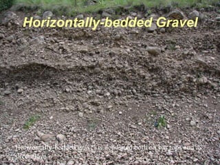Photo by W. W. Little
Horizontally-bedded Gravel
Horizontally-bedded gravel is deposited both on bar tops and as
sheet flow.
 