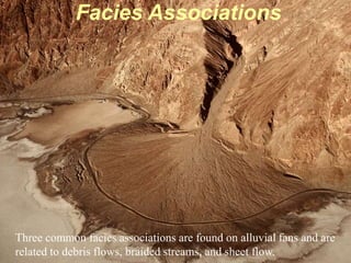 Facies Associations
Three common facies associations are found on alluvial fans and are
related to debris flows, braided streams, and sheet flow.
 