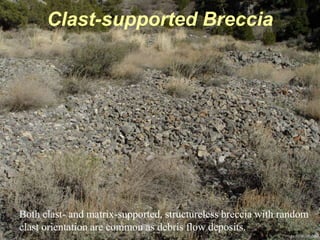 Photo by W. W. Little
Clast-supported Breccia
Both clast- and matrix-supported, structureless breccia with random
clast orientation are common as debris flow deposits.
 