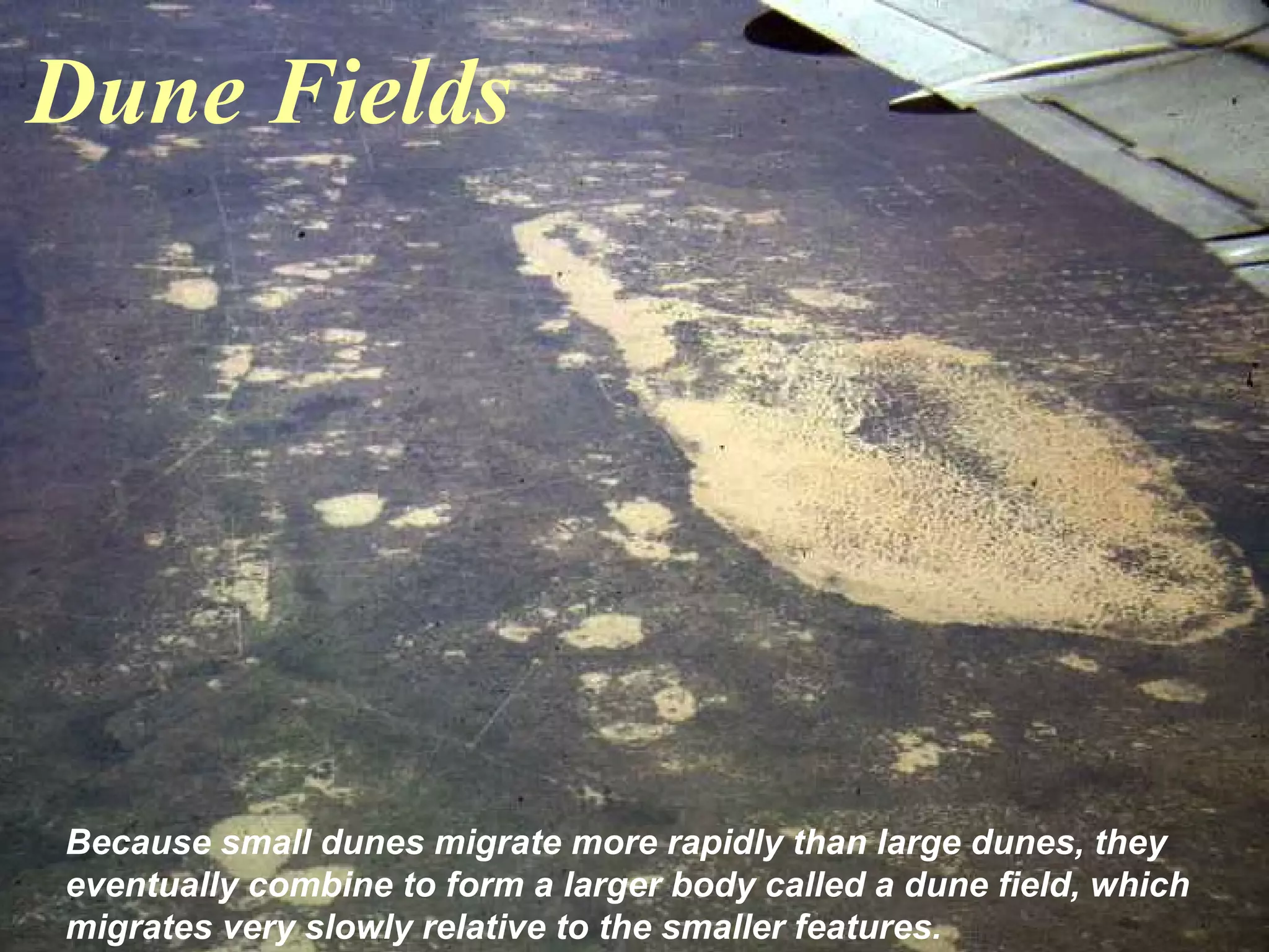 Dune Fields
Because small dunes migrate more rapidly than large dunes, they
eventually combine to form a larger body called a dune field, which
migrates very slowly relative to the smaller features.
 