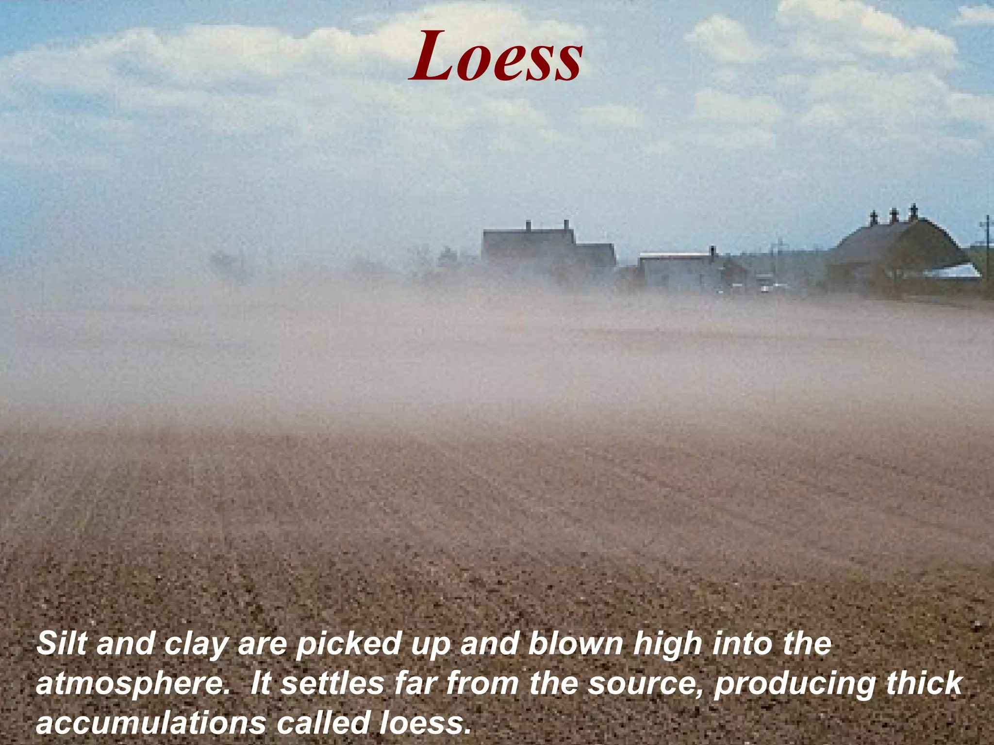 Loess
Silt and clay are picked up and blown high into the
atmosphere. It settles far from the source, producing thick
accumulations called loess.
 