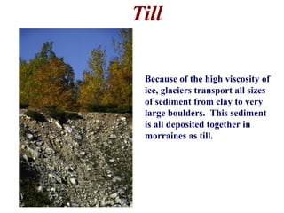Till
Because of the high viscosity of
ice, glaciers transport all sizes
of sediment from clay to very
large boulders. This sediment
is all deposited together in
morraines as till.
 