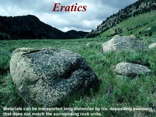 Eratics
Materials can be transported long distances by ice, depositing sediment
that does not match the surrounding rock units.
 