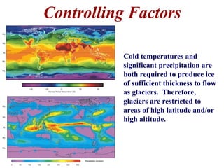 Controlling Factors
Cold temperatures and
significant precipitation are
both required to produce ice
of sufficient thickness to flow
as glaciers. Therefore,
glaciers are restricted to
areas of high latitude and/or
high altitude.
 