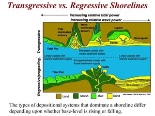 Transgressive vs. Regressive Shorelines
The types of depositional systems that dominate a shoreline differ
depending upon whether base-level is rising or falling.