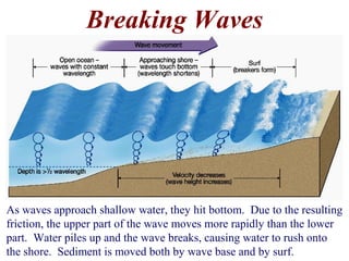 Breaking Waves
As waves approach shallow water, they hit bottom. Due to the resulting
friction, the upper part of the wave moves more rapidly than the lower
part. Water piles up and the wave breaks, causing water to rush onto
the shore. Sediment is moved both by wave base and by surf.