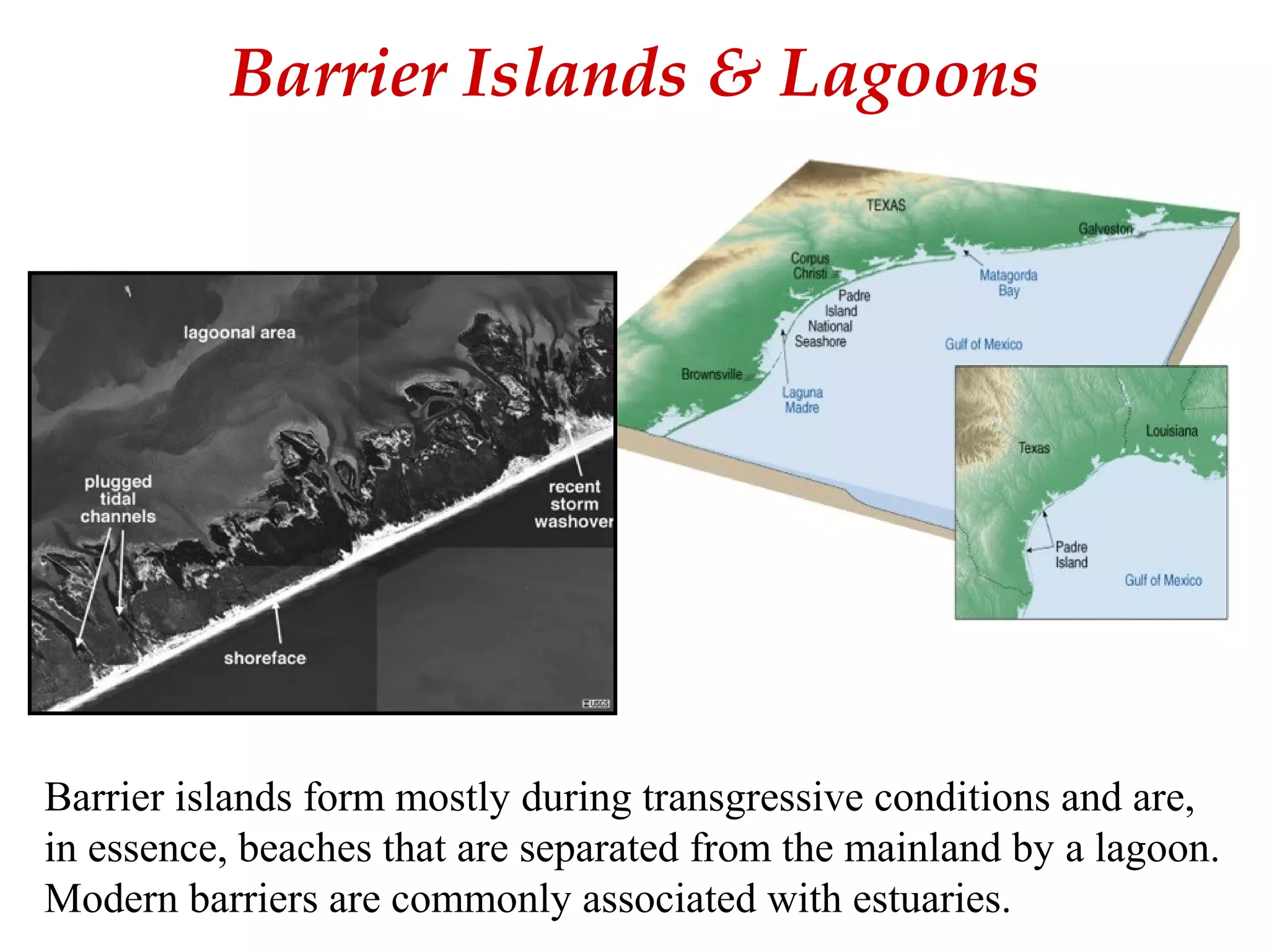 Barrier Islands & Lagoons
Barrier islands form mostly during transgressive conditions and are,
in essence, beaches that are separated from the mainland by a lagoon.
Modern barriers are commonly associated with estuaries.
 