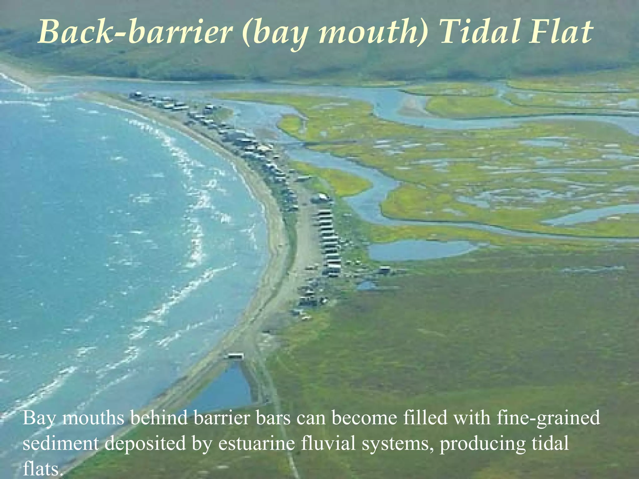 Back-barrier (bay mouth) Tidal Flat
Bay mouths behind barrier bars can become filled with fine-grained
sediment deposited by estuarine fluvial systems, producing tidal
flats.
 