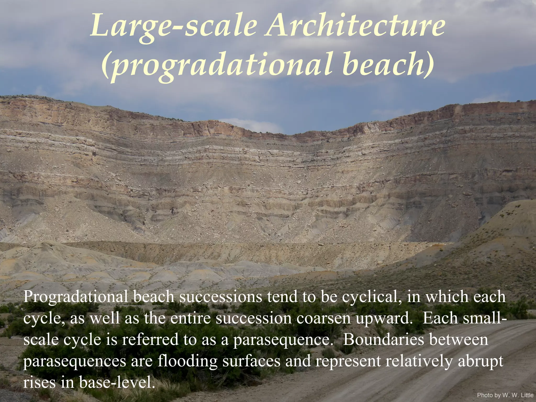 Photo by W. W. Little
Large-scale Architecture
(progradational beach)
Progradational beach successions tend to be cyclical, in which each
cycle, as well as the entire succession coarsen upward. Each small-
scale cycle is referred to as a parasequence. Boundaries between
parasequences are flooding surfaces and represent relatively abrupt
rises in base-level.
 
