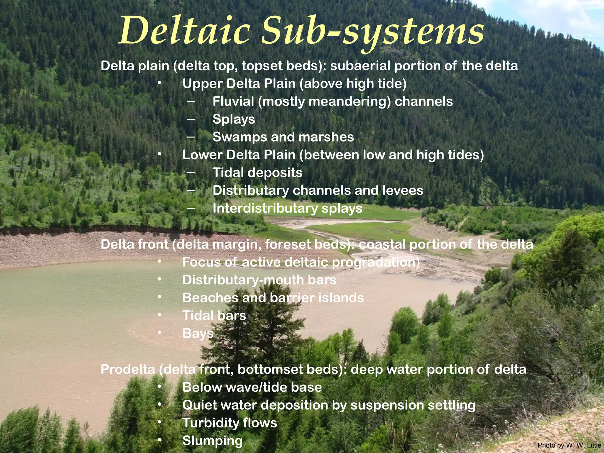 Photo by W. W. Little
Delta plain (delta top, topset beds): subaerial portion of the delta
• Upper Delta Plain (above high tide)
– Fluvial (mostly meandering) channels
– Splays
– Swamps and marshes
• Lower Delta Plain (between low and high tides)
– Tidal deposits
– Distributary channels and levees
– Interdistributary splays
Delta front (delta margin, foreset beds): coastal portion of the delta
• Focus of active deltaic progradation)
• Distributary-mouth bars
• Beaches and barrier islands
• Tidal bars
• Bays
Prodelta (delta front, bottomset beds): deep water portion of delta
• Below wave/tide base
• Quiet water deposition by suspension settling
• Turbidity flows
• Slumping
Deltaic Sub-systems
 