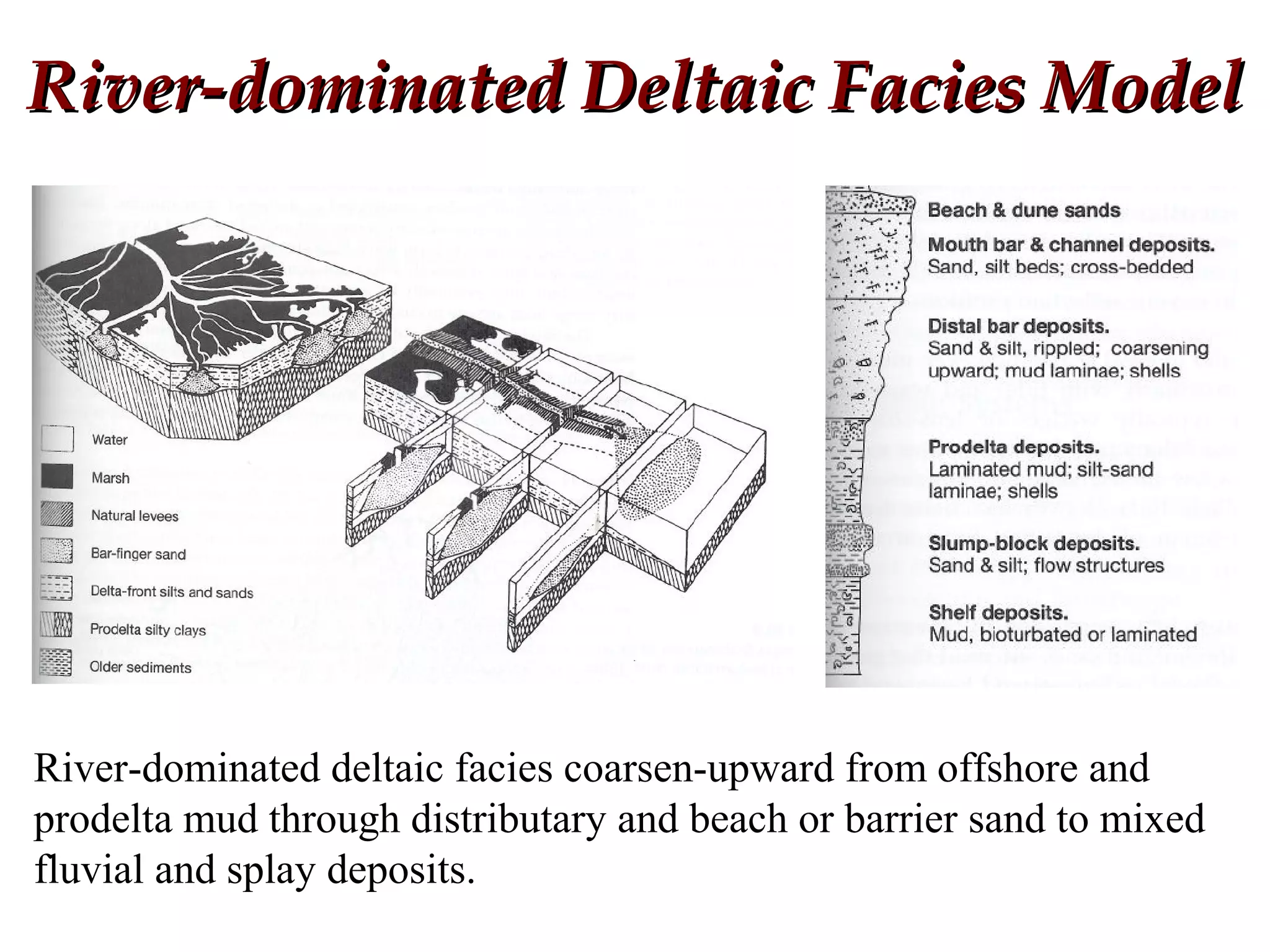 River-dominated Deltaic Facies ModelRiver-dominated Deltaic Facies Model
River-dominated deltaic facies coarsen-upward from offshore and
prodelta mud through distributary and beach or barrier sand to mixed
fluvial and splay deposits.
 