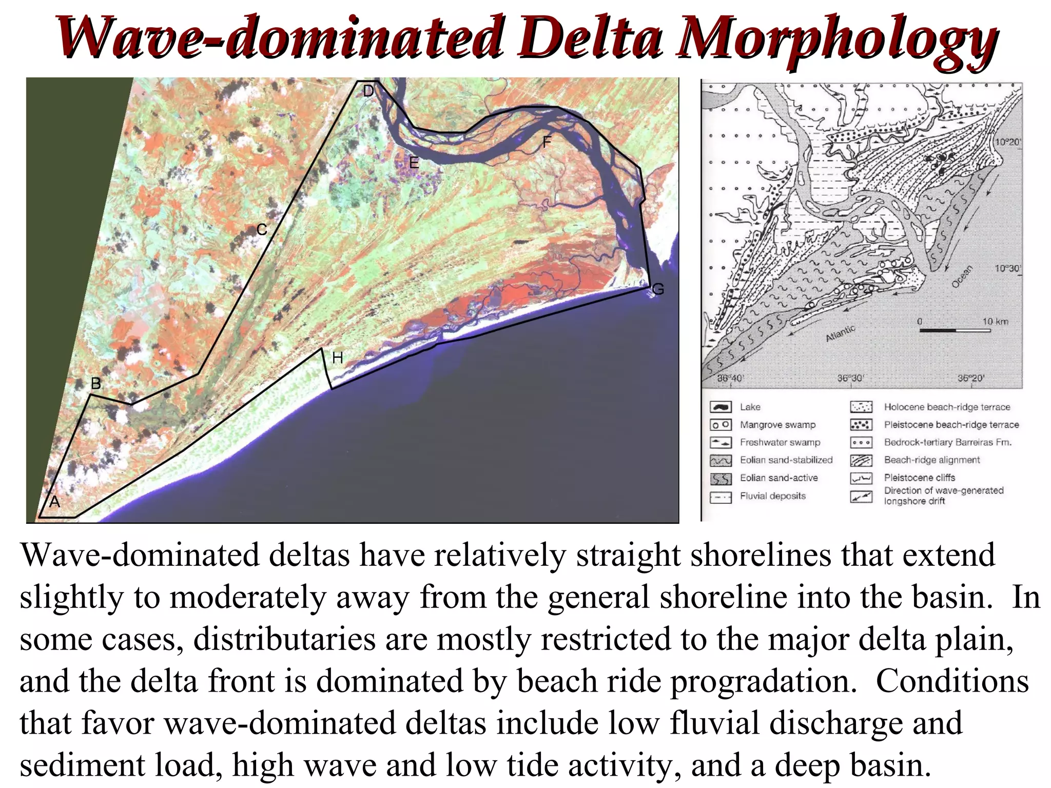 Wave-dominated Delta MorphologyWave-dominated Delta Morphology
Wave-dominated deltas have relatively straight shorelines that extend
slightly to moderately away from the general shoreline into the basin. In
some cases, distributaries are mostly restricted to the major delta plain,
and the delta front is dominated by beach ride progradation. Conditions
that favor wave-dominated deltas include low fluvial discharge and
sediment load, high wave and low tide activity, and a deep basin.
 