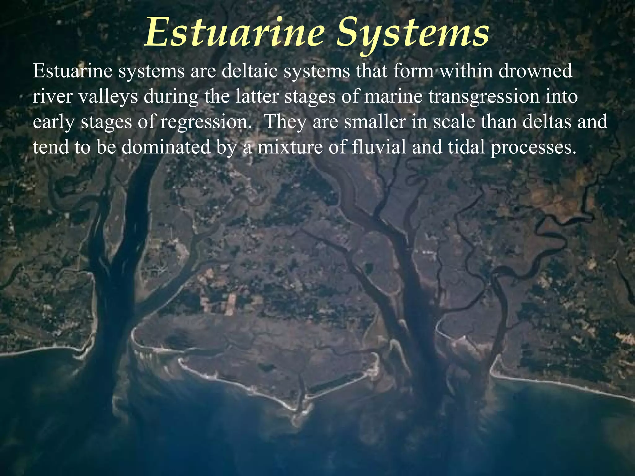 Estuarine Systems
Estuarine systems are deltaic systems that form within drowned
river valleys during the latter stages of marine transgression into
early stages of regression. They are smaller in scale than deltas and
tend to be dominated by a mixture of fluvial and tidal processes.
 