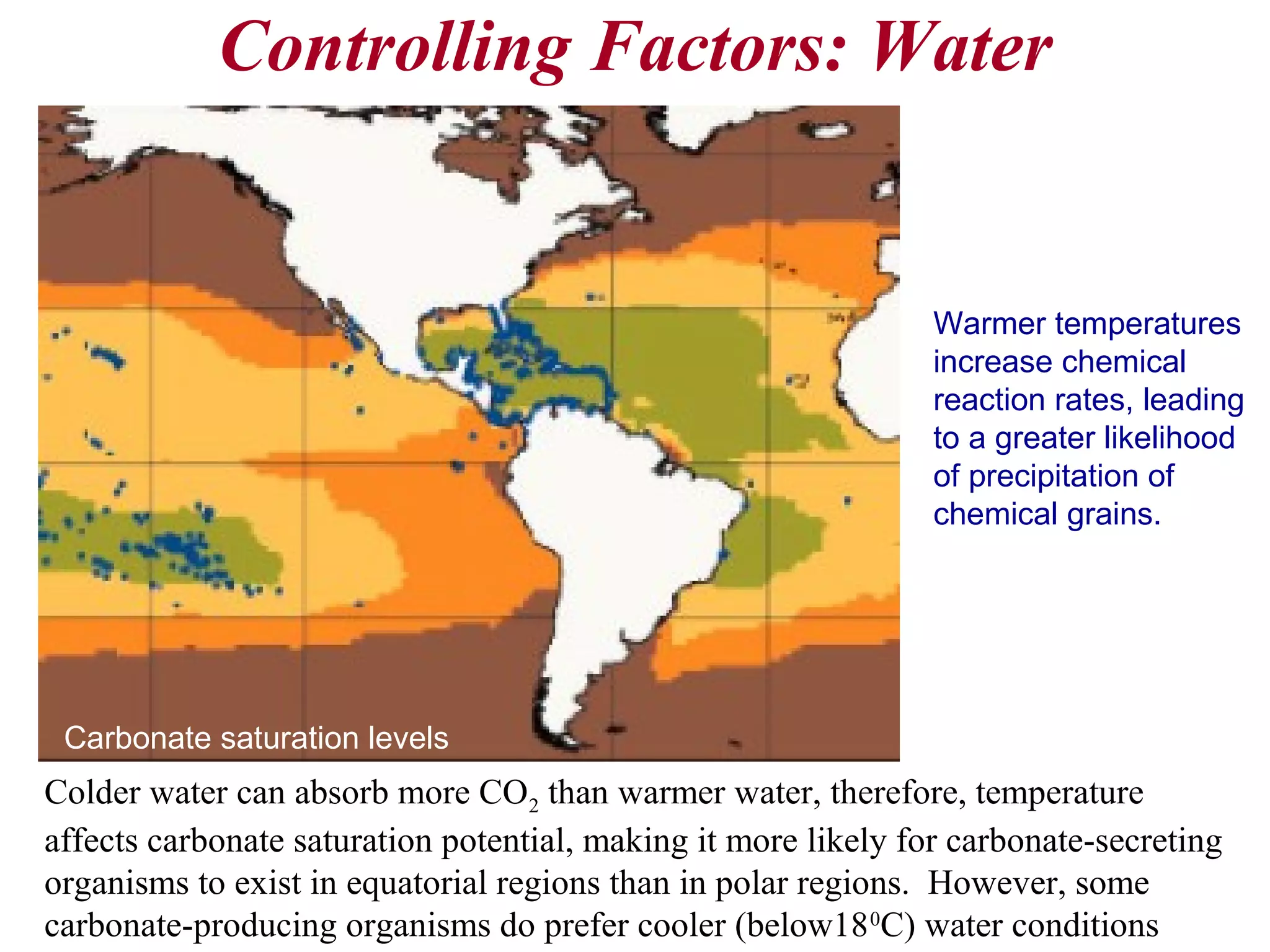 Controlling Factors: Water
Temperature
Colder water can absorb more CO2 than warmer water, therefore, temperature
affects carbonate saturation potential, making it more likely for carbonate-secreting
organisms to exist in equatorial regions than in polar regions. However, some
carbonate-producing organisms do prefer cooler (below180
C) water conditions
Carbonate saturation levels
Warmer temperatures
increase chemical
reaction rates, leading
to a greater likelihood
of precipitation of
chemical grains.
 