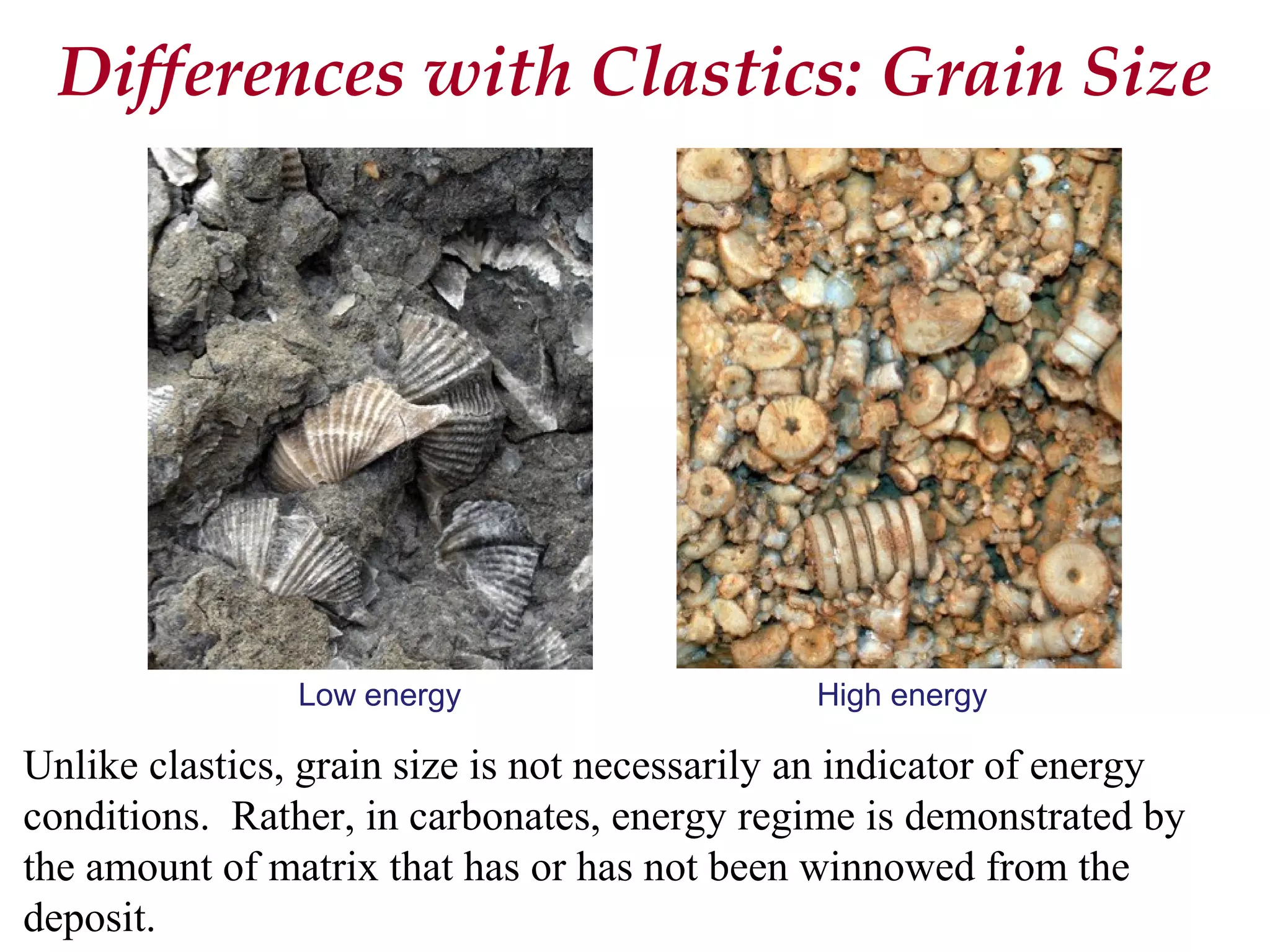 Unlike clastics, grain size is not necessarily an indicator of energy
conditions. Rather, in carbonates, energy regime is demonstrated by
the amount of matrix that has or has not been winnowed from the
deposit.
Differences with Clastics: Grain Size
Low energy High energy
 