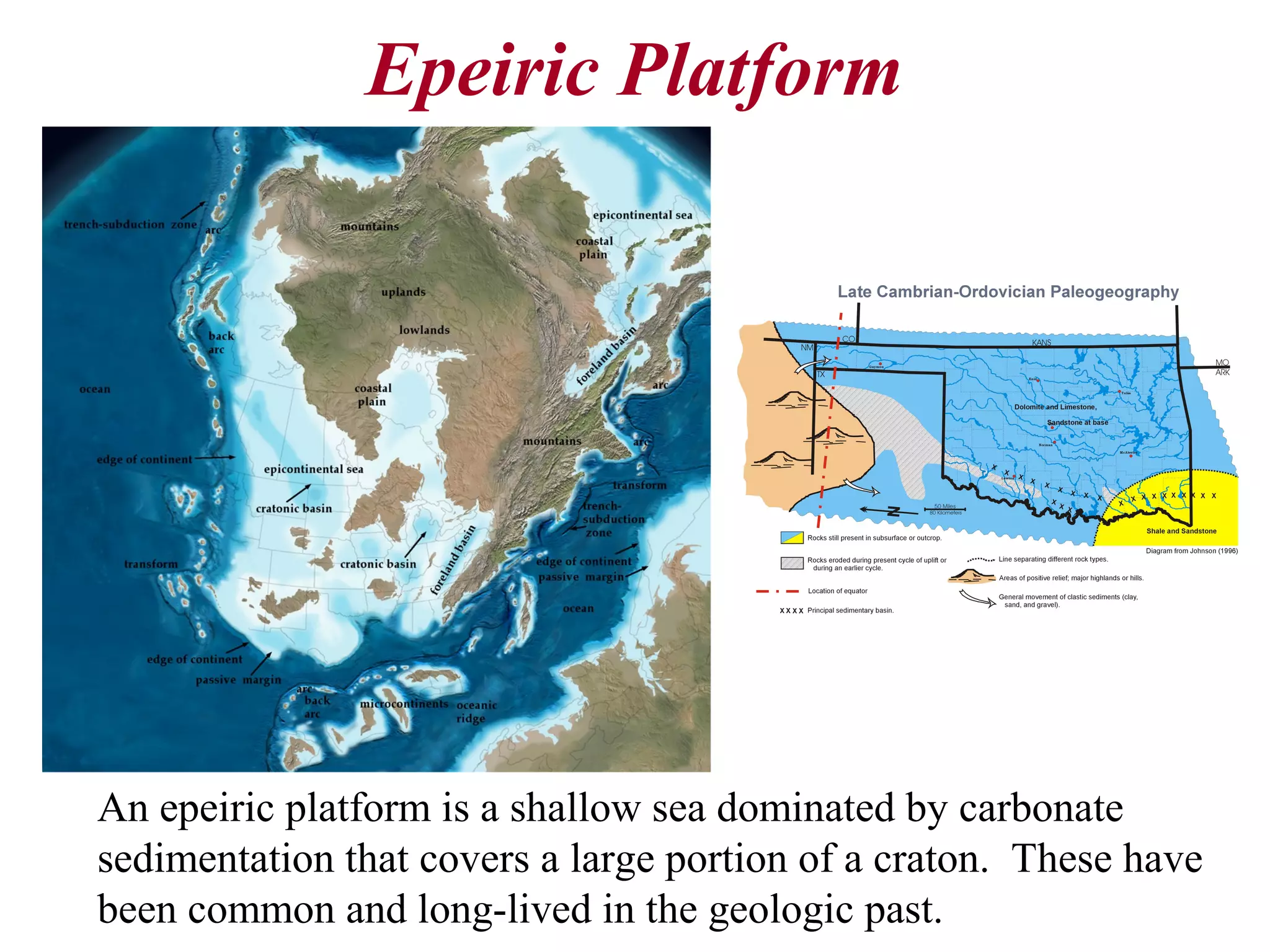 Epeiric Platform
An epeiric platform is a shallow sea dominated by carbonate
sedimentation that covers a large portion of a craton. These have
been common and long-lived in the geologic past.
 