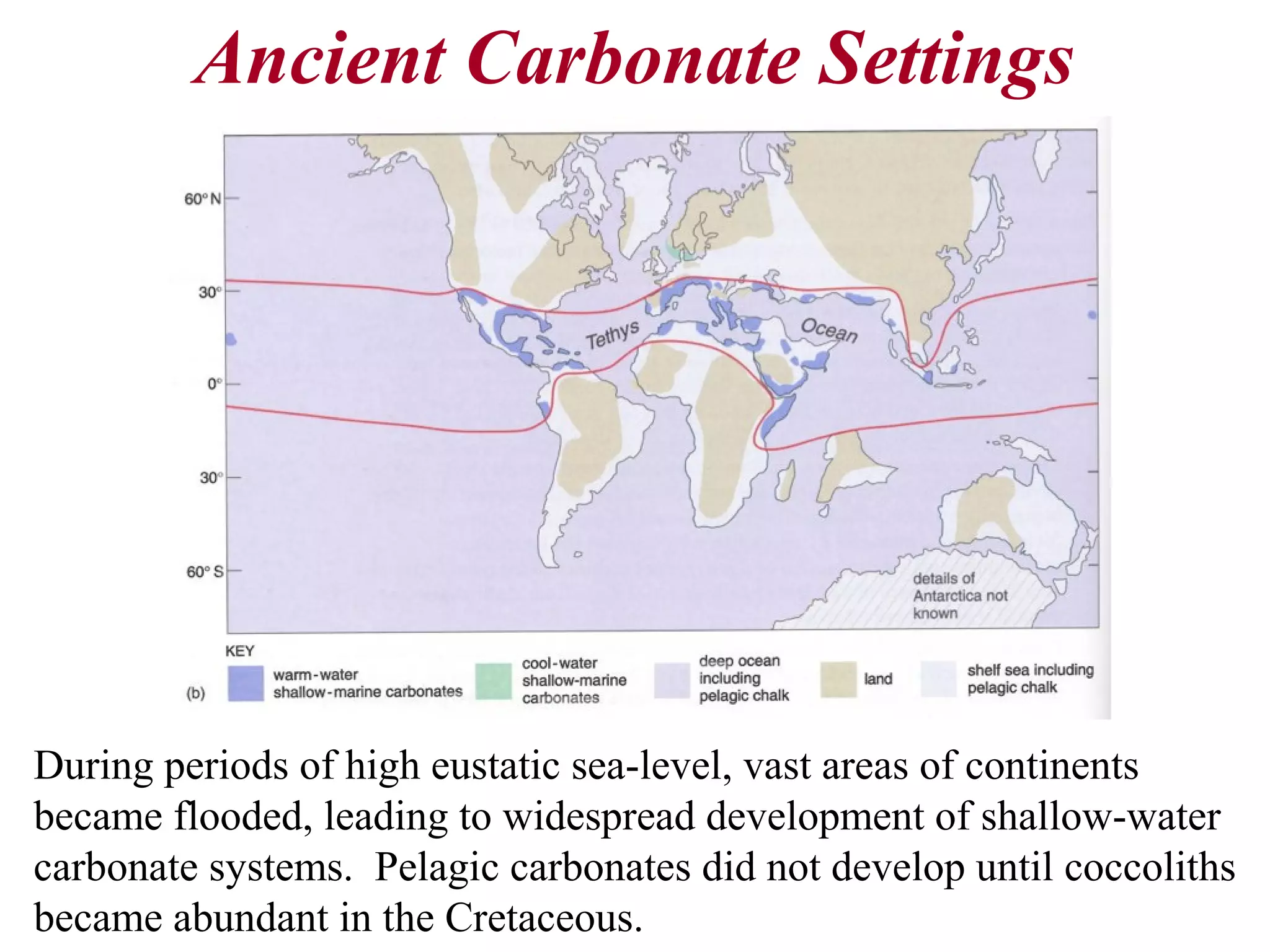 Ancient Carbonate Settings
During periods of high eustatic sea-level, vast areas of continents
became flooded, leading to widespread development of shallow-water
carbonate systems. Pelagic carbonates did not develop until coccoliths
became abundant in the Cretaceous.
 