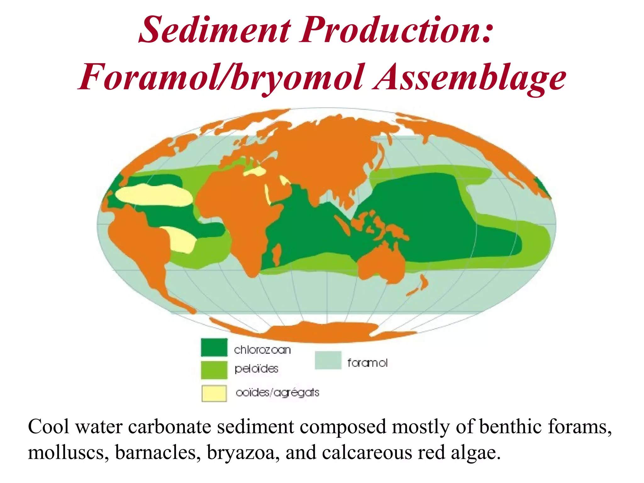Sediment Production:
Foramol/bryomol Assemblage
Cool water carbonate sediment composed mostly of benthic forams,
molluscs, barnacles, bryazoa, and calcareous red algae.
 