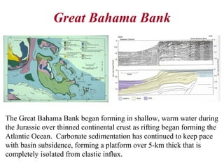Great Bahama Bank
The Great Bahama Bank began forming in shallow, warm water during
the Jurassic over thinned continental crust as rifting began forming the
Atlantic Ocean. Carbonate sedimentation has continued to keep pace
with basin subsidence, forming a platform over 5-km thick that is
completely isolated from clastic influx.
 