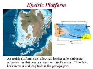 Epeiric Platform
An epeiric platform is a shallow sea dominated by carbonate
sedimentation that covers a large portion of a craton. These have
been common and long-lived in the geologic past.
 