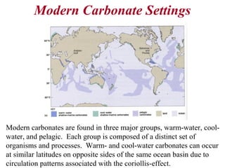 Modern Carbonate Settings
Modern carbonates are found in three major groups, warm-water, cool-
water, and pelagic. Each group is composed of a distinct set of
organisms and processes. Warm- and cool-water carbonates can occur
at similar latitudes on opposite sides of the same ocean basin due to
circulation patterns associated with the coriollis-effect.
 