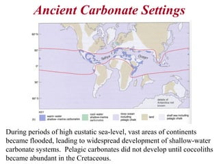Ancient Carbonate Settings
During periods of high eustatic sea-level, vast areas of continents
became flooded, leading to widespread development of shallow-water
carbonate systems. Pelagic carbonates did not develop until coccoliths
became abundant in the Cretaceous.
 