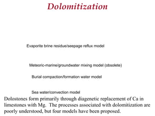 Dolostones form primarily through diagenetic replacement of Ca in
limestones with Mg. The processes associated with dolomitization are
poorly understood, but four models have been proposed.
Dolomitization
Evaporite brine residue/seepage reflux model
Meteoric-marine/groundwater mixing model (obsolete)
Burial compaction/formation water model
Sea water/convection model
 
