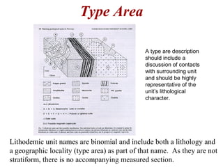 Lithodemic unit names are binomial and include both a lithology and
a geographic locality (type area) as part of that name. As they are not
stratiform, there is no accompanying measured section.
Type Area
A type are description
should include a
discussion of contacts
with surrounding unit
and should be highly
representative of the
unit’s lithological
character.
 