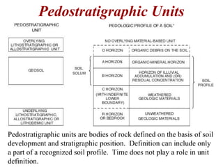 Pedostratigraphic Units
Pedostratigraphic units are bodies of rock defined on the basis of soil
development and stratigraphic position. Definition can include only
a part of a recognized soil profile. Time does not play a role in unit
definition.
 