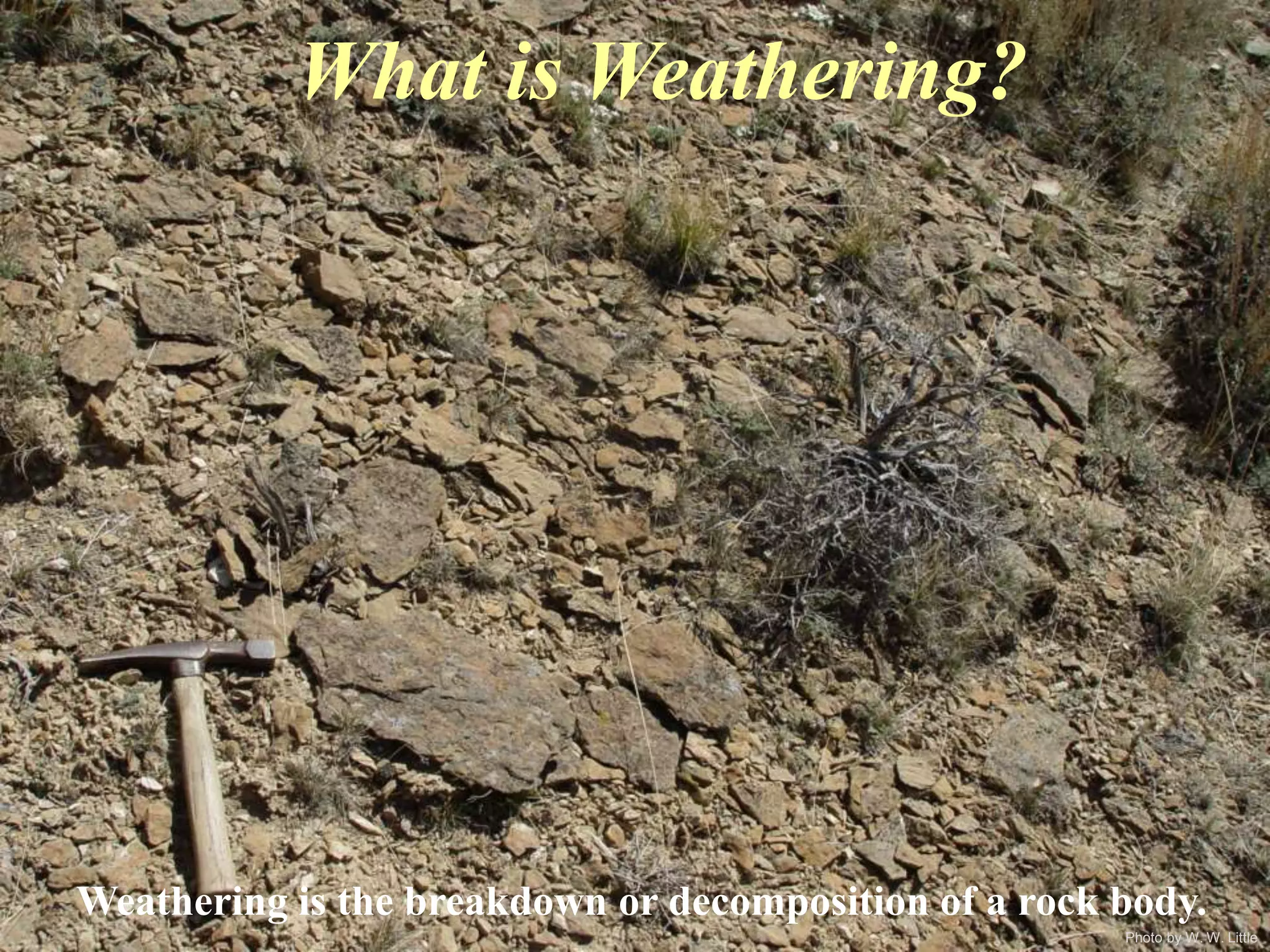Photo by W. W. Little
What is Weathering?
Weathering is the breakdown or decomposition of a rock body.
 