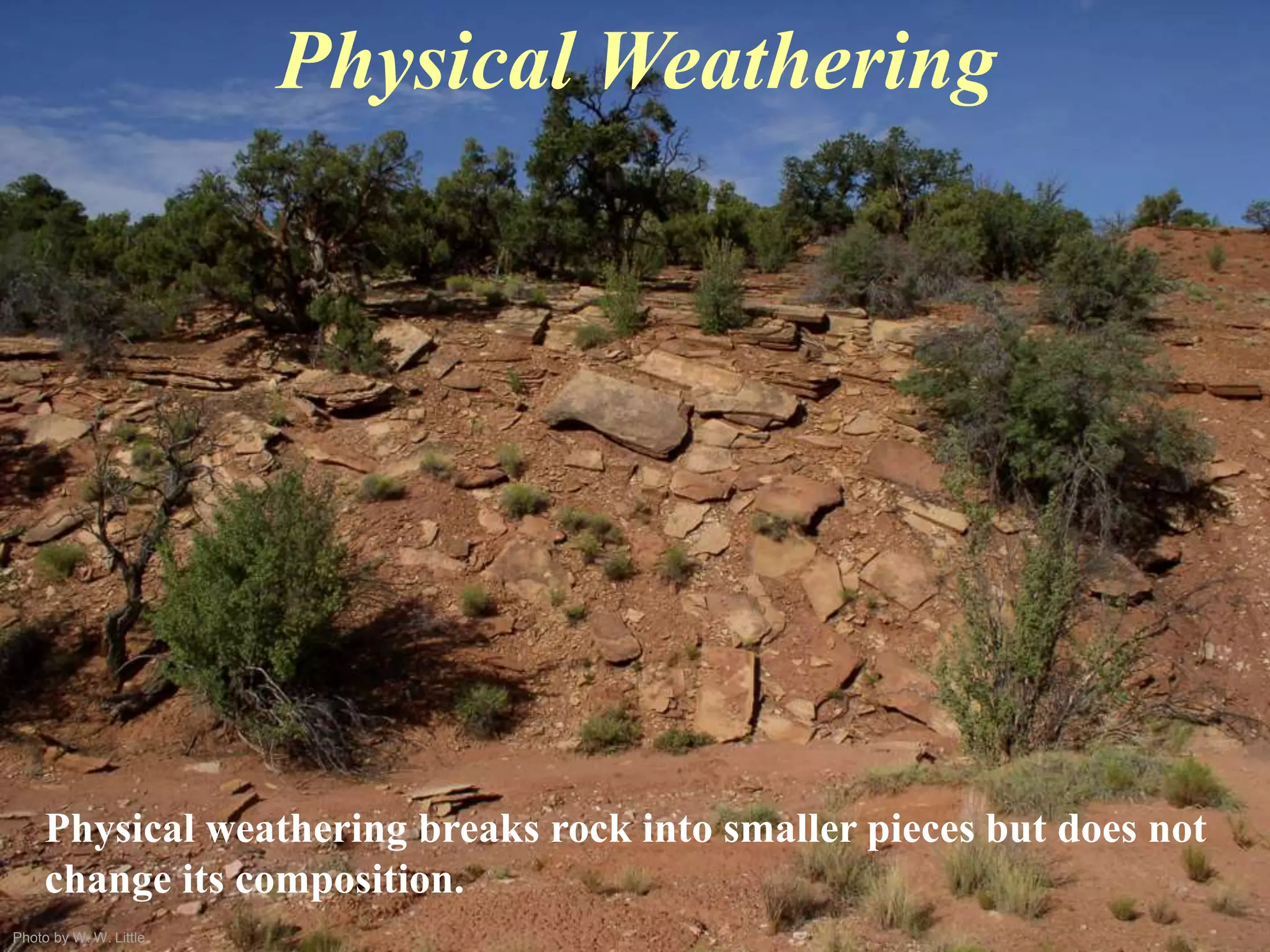 Photo by W. W. Little
Physical Weathering
Physical weathering breaks rock into smaller pieces but does not
change its composition.
 