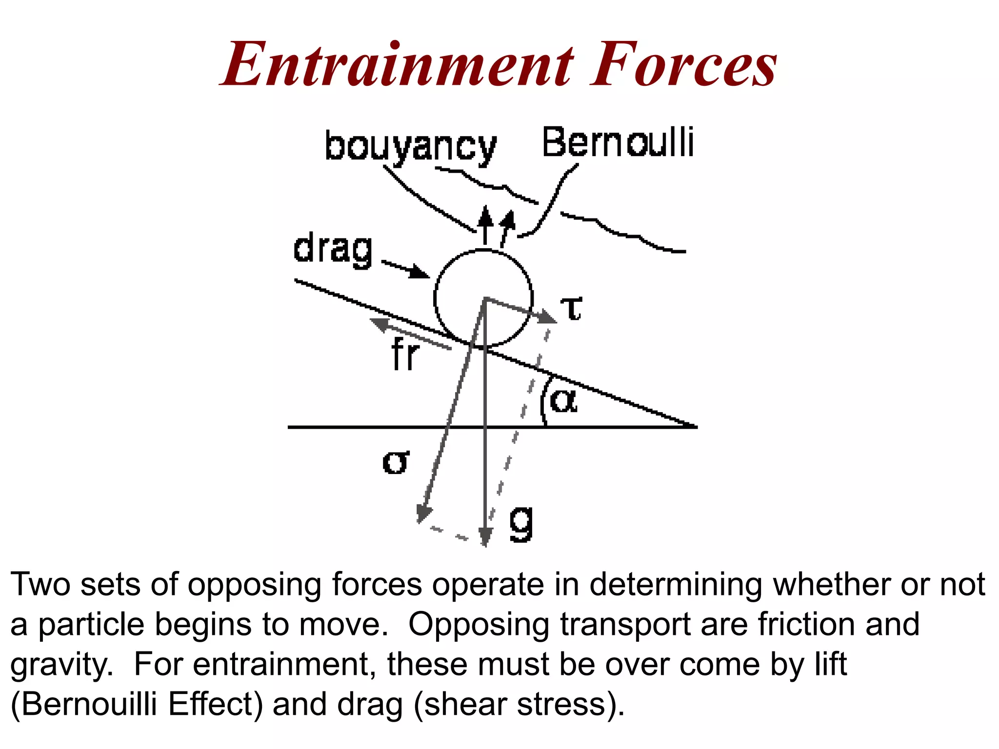 Entrainment Forces
Two sets of opposing forces operate in determining whether or not
a particle begins to move. Opposing transport are friction and
gravity. For entrainment, these must be over come by lift
(Bernouilli Effect) and drag (shear stress).
 