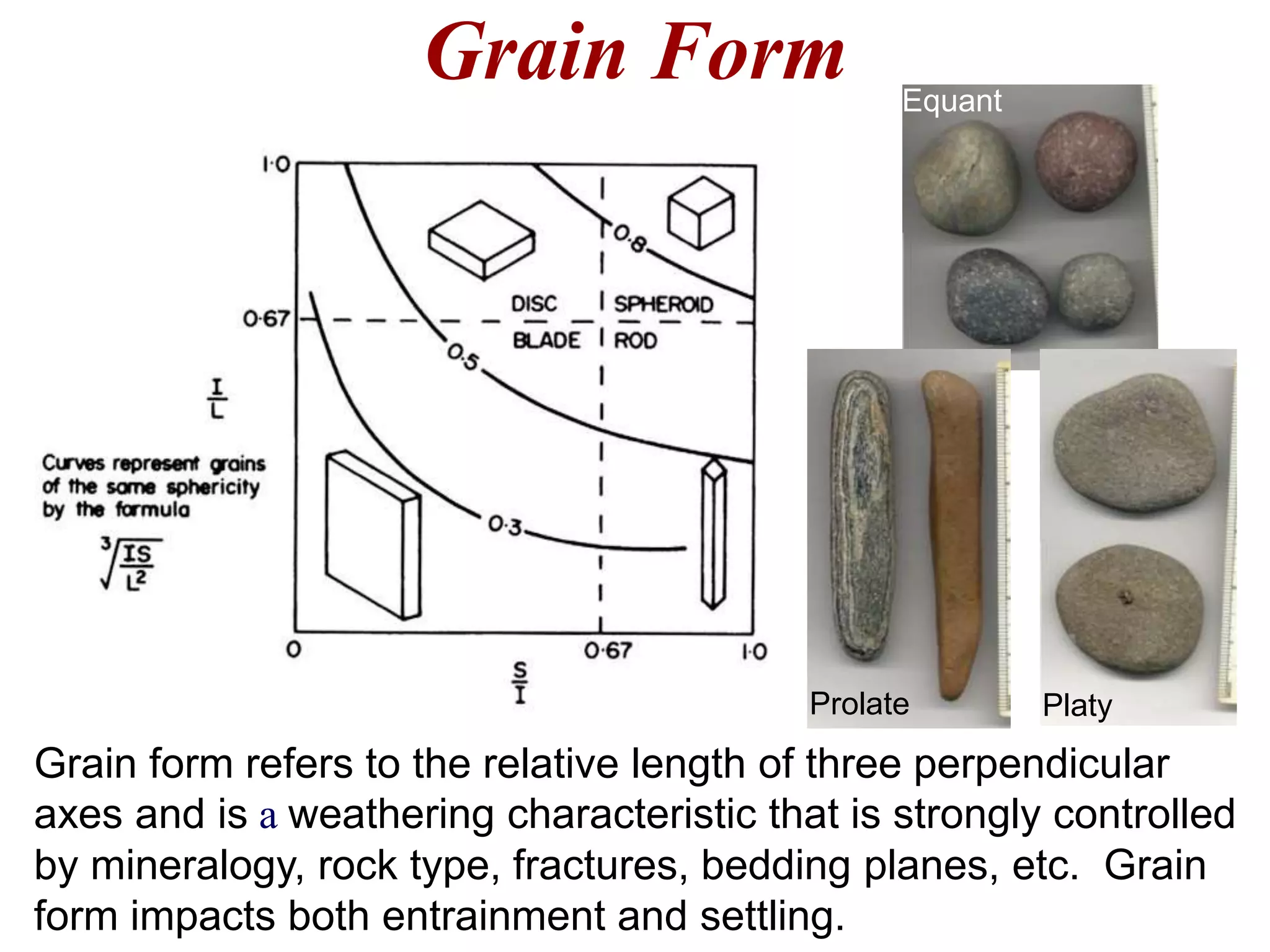 Grain Form
Grain form refers to the relative length of three perpendicular
axes and is a weathering characteristic that is strongly controlled
by mineralogy, rock type, fractures, bedding planes, etc. Grain
form impacts both entrainment and settling.
Equant
PlatyProlate
 