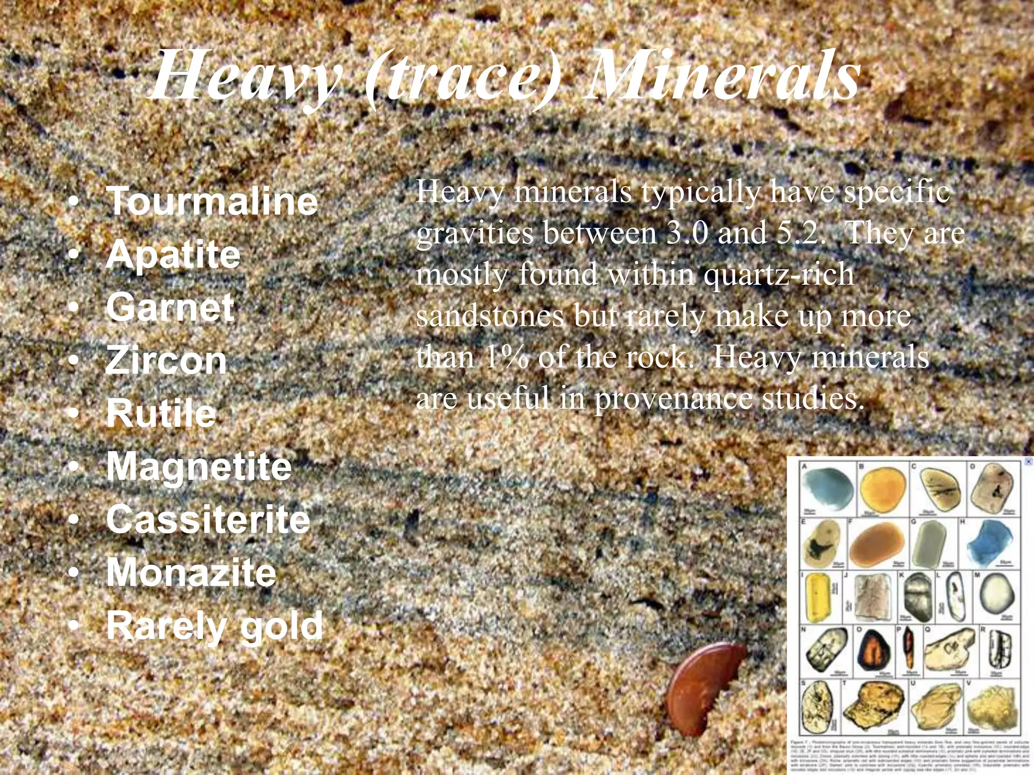 Heavy (trace) Minerals
• Tourmaline
• Apatite
• Garnet
• Zircon
• Rutile
• Magnetite
• Cassiterite
• Monazite
• Rarely gold
Heavy minerals typically have specific
gravities between 3.0 and 5.2. They are
mostly found within quartz-rich
sandstones but rarely make up more
than 1% of the rock. Heavy minerals
are useful in provenance studies.
 