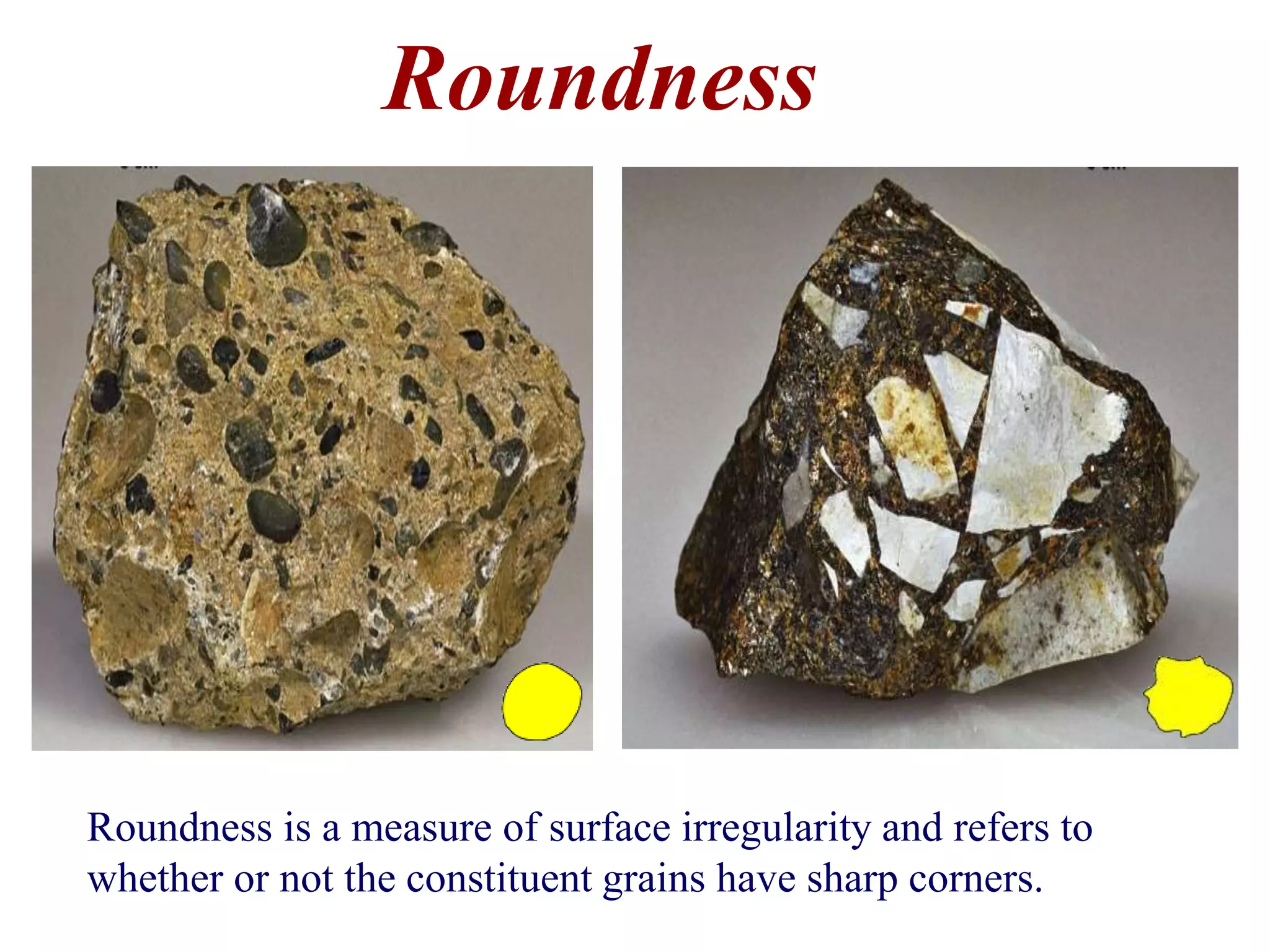 Roundness
Roundness is a measure of surface irregularity and refers to
whether or not the constituent grains have sharp corners.
 