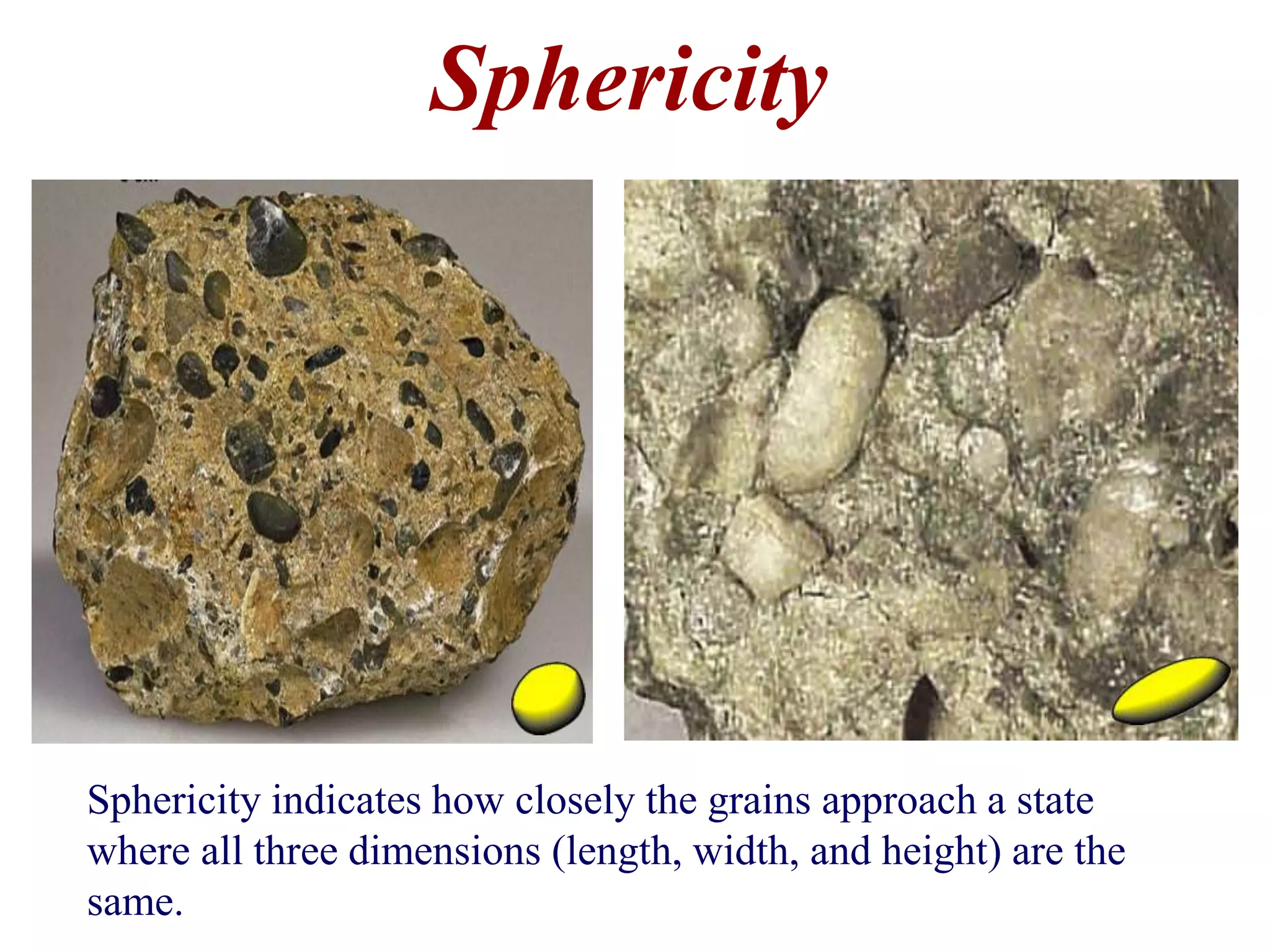 Sphericity
Sphericity indicates how closely the grains approach a state
where all three dimensions (length, width, and height) are the
same.
 